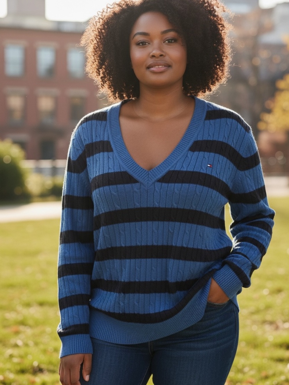 TOMMY HILFIGER BLUE & BLACK STRIPED CABLE KNIT V NECK RELAXED FIT SWEATER SZ XL